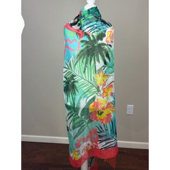NEW Charming Charlie Floral Print Fringe Scarf Wrap Shawl Pink Green 51 x 55 - Picture 5 of 8